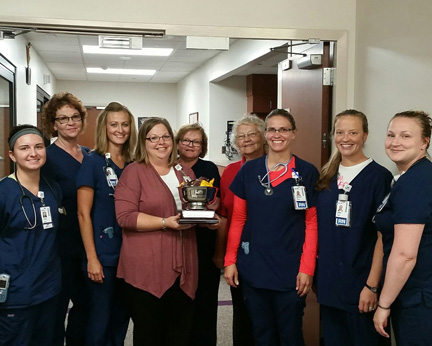 Medical/Surgical nursing unit staff members celebrated receiving the Ann Heflin Award for second quarter 2016. They are: Taylor Gaule, Becky Carter, Kelli Hoyt, Karie Untiedt, Patty Lafoy, Shirley Oglesby, Miranda Diggs, Betsy Nespory and Katie Colwell.